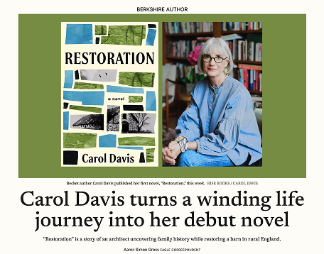 Berkshire Eagle feature showing the Restoration book cover beside a portrait of author Carol Davis
