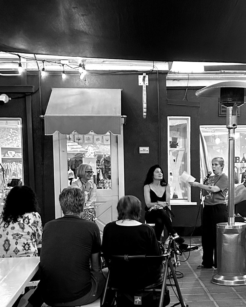 Carol Davis in conversation with Jen Pastiloff on the patio at Diesel Bookstore, Brentwood Country Mart